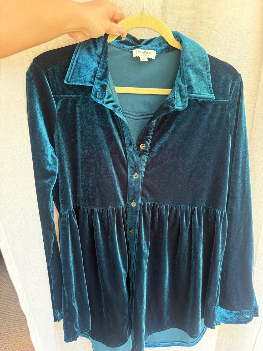 Umgee Teal Velvet Babydoll Button Front Top Size Small